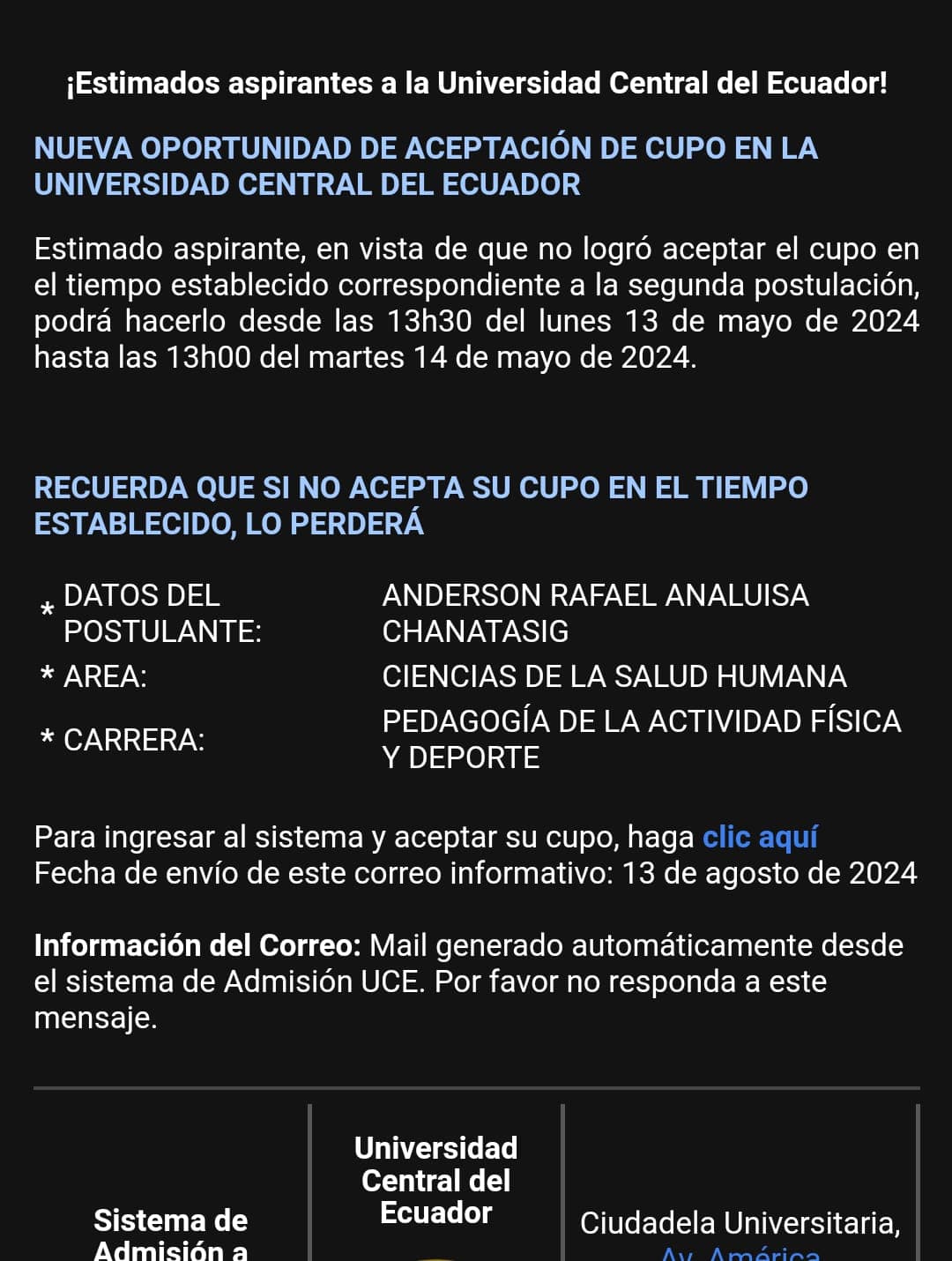 Admisión exitosa